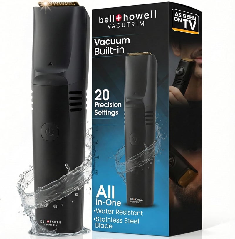 BELLHOWELL Vacutrim Cordless Mens Beard Trimmer, Rechargeable Electric Shaver with 20 Trim Setting Calibration Dial and Built-in Vacuum for Mustache, Sideburns. Facial Hair, Black, 7.5", As Seen On TV - Image 1